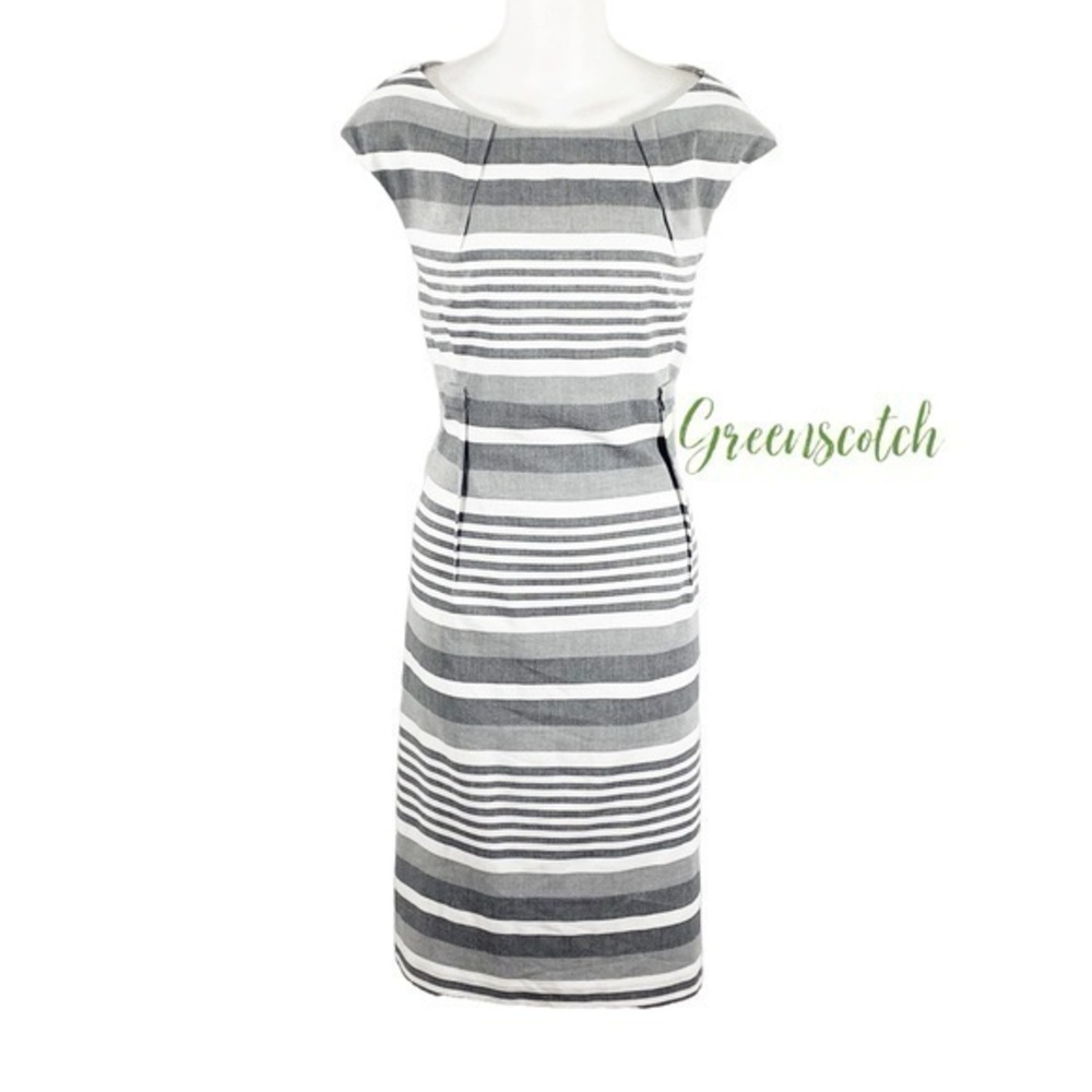 Calvin Klein gray white stripe pleated detail sheath dress 14 Y26